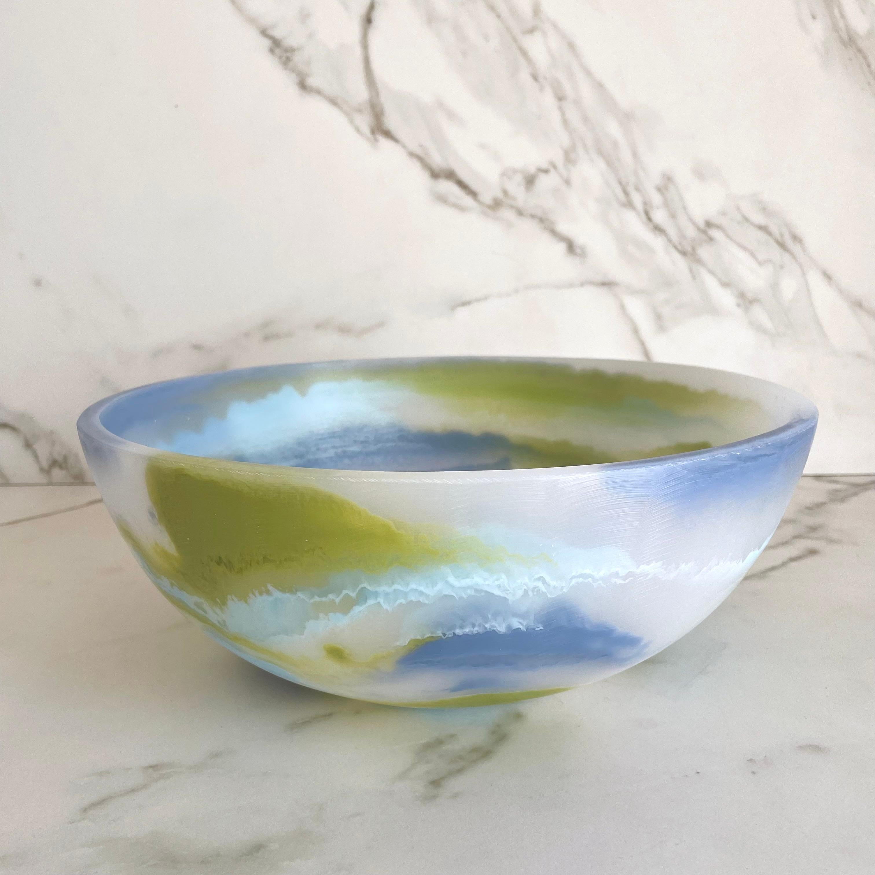 Modern Medium Bowl in Green and Blue Marbled Resin by Paola Valle For Sale