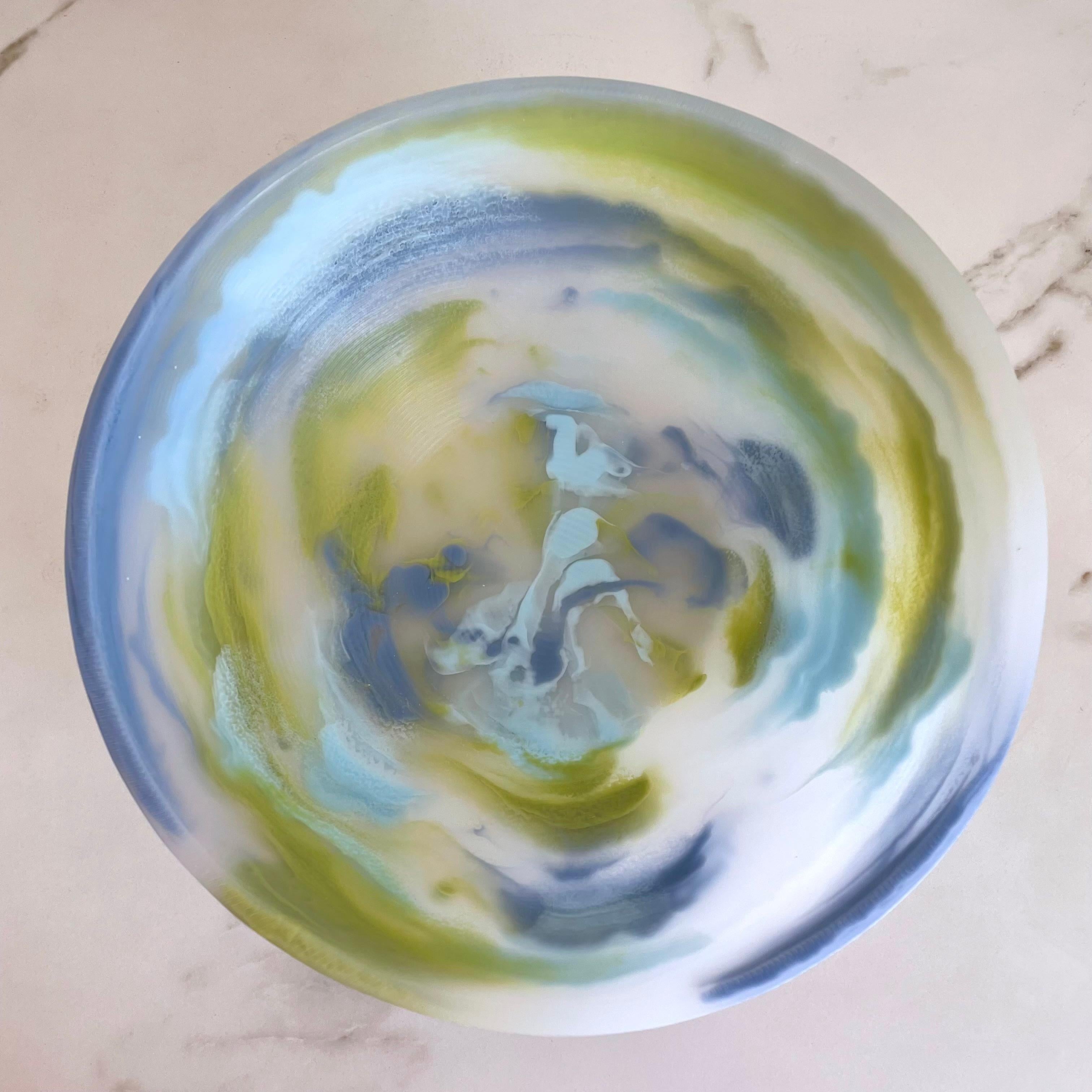 Cast Medium Bowl in Green and Blue Marbled Resin by Paola Valle For Sale