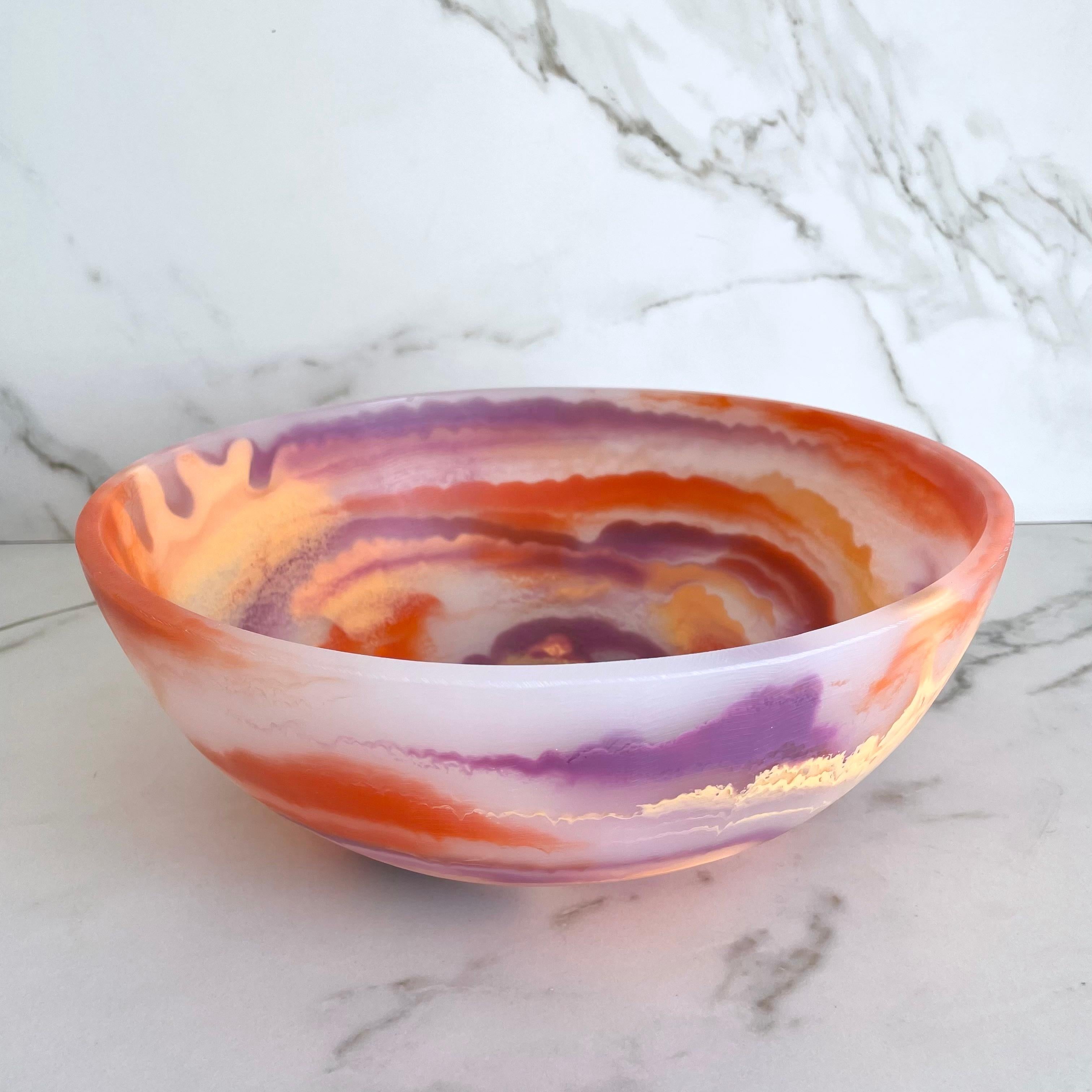 Modern Medium Bowl in Orange and Purple Marbled Resin by Paola Valle For Sale