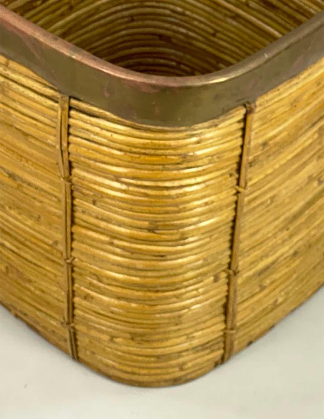 Medium Brass and Pencil Rattan Square Basket For Sale 4