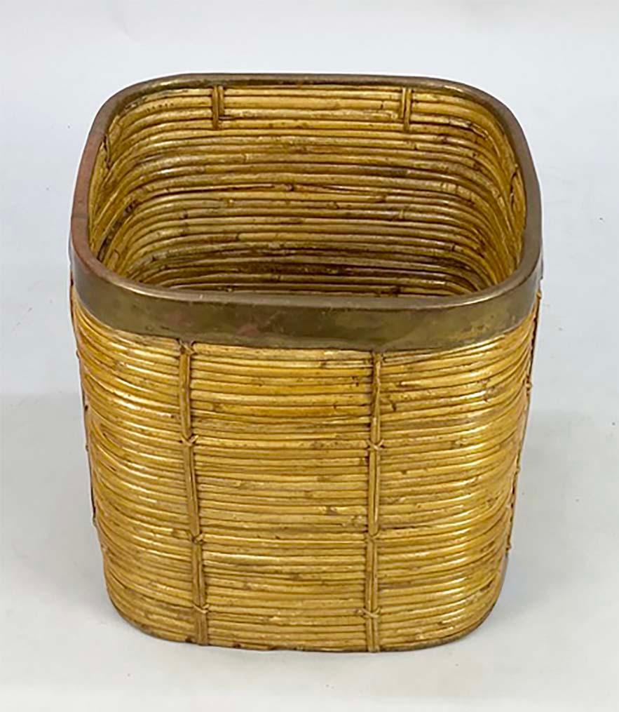 Medium Brass and Pencil Rattan Square Basket For Sale 5