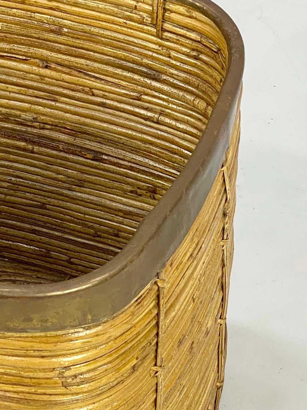 Mid-Century Modern Medium Brass and Pencil Rattan Square Basket For Sale