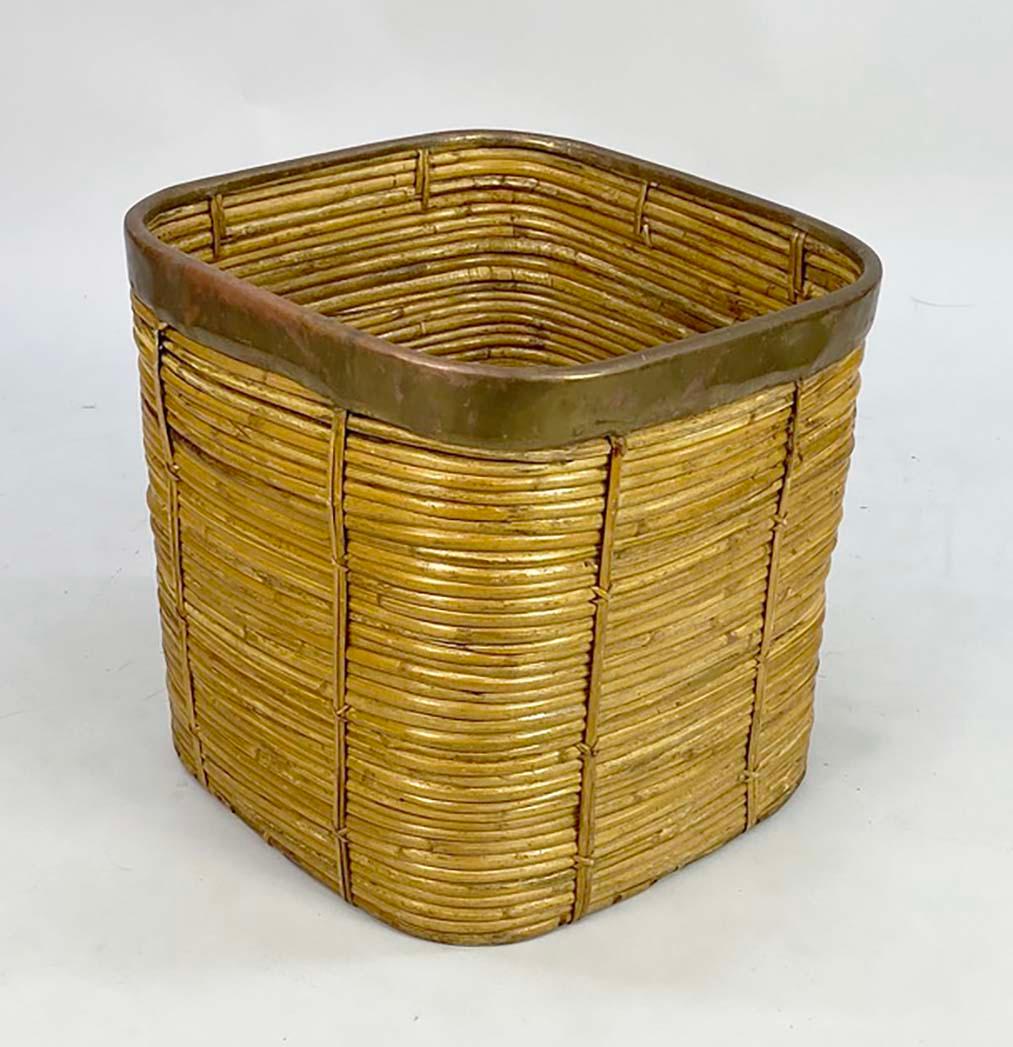 Italian Medium Brass and Pencil Rattan Square Basket For Sale