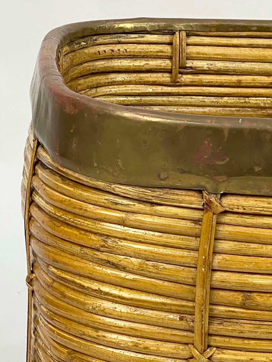 Hand-Crafted Medium Brass and Pencil Rattan Square Basket For Sale