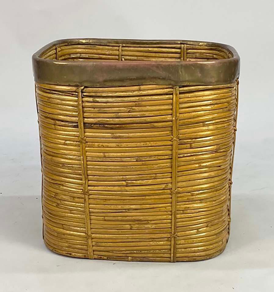 Medium Brass and Pencil Rattan Square Basket In Good Condition For Sale In Minneapolis, MN