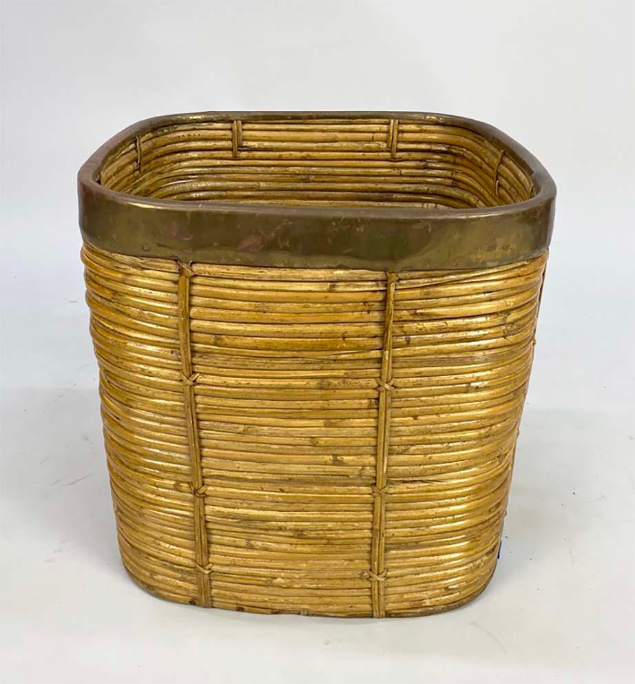 Medium Brass and Pencil Rattan Square Basket For Sale 2