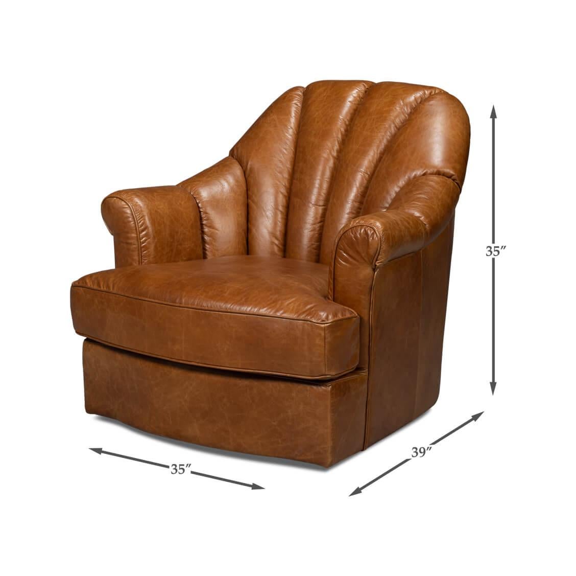 Medium Brown Leather Swivel Chair For Sale 4