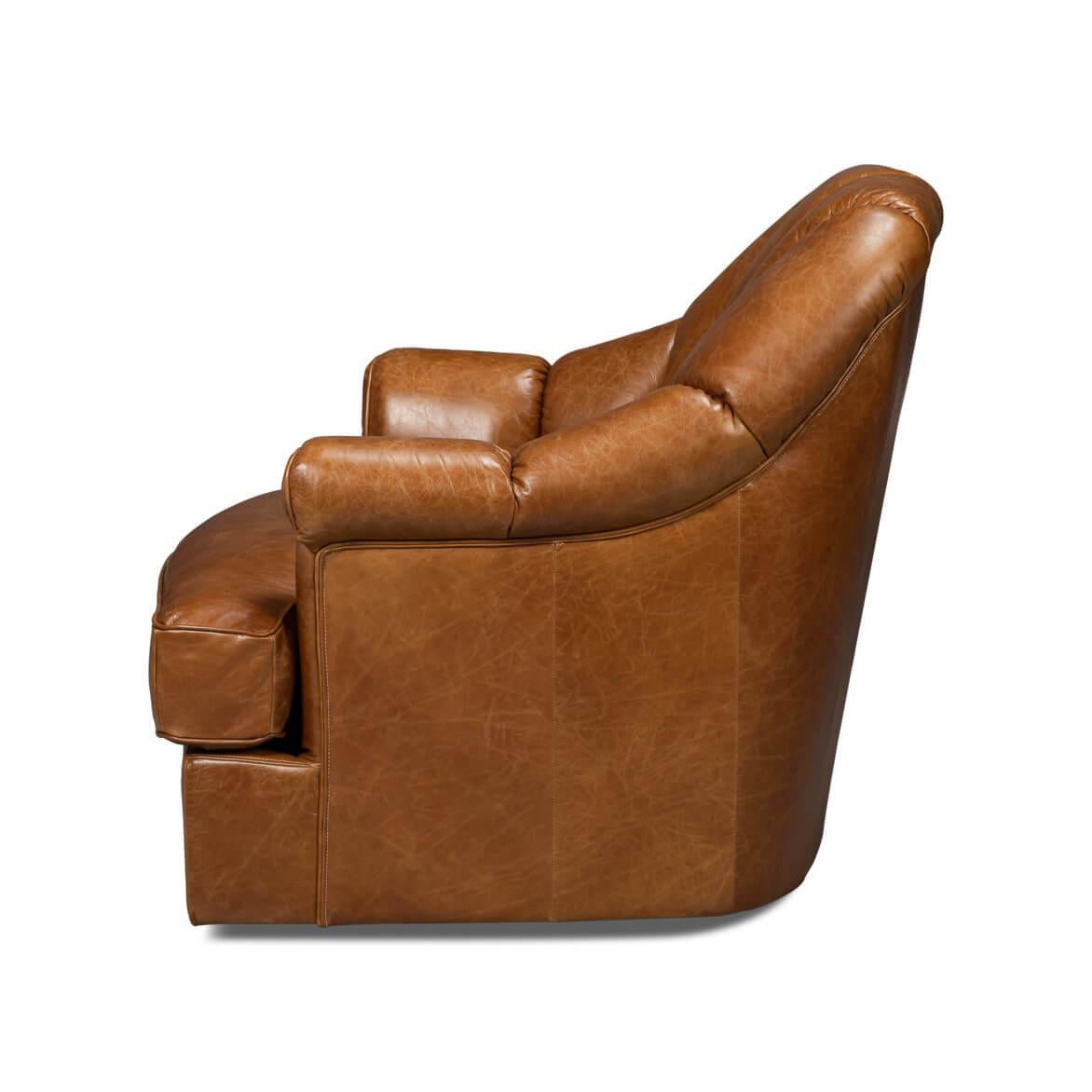 American Classical Medium Brown Leather Swivel Chair For Sale