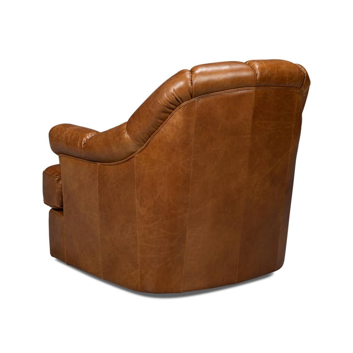 Medium Brown Leather Swivel Chair In New Condition For Sale In Westwood, NJ