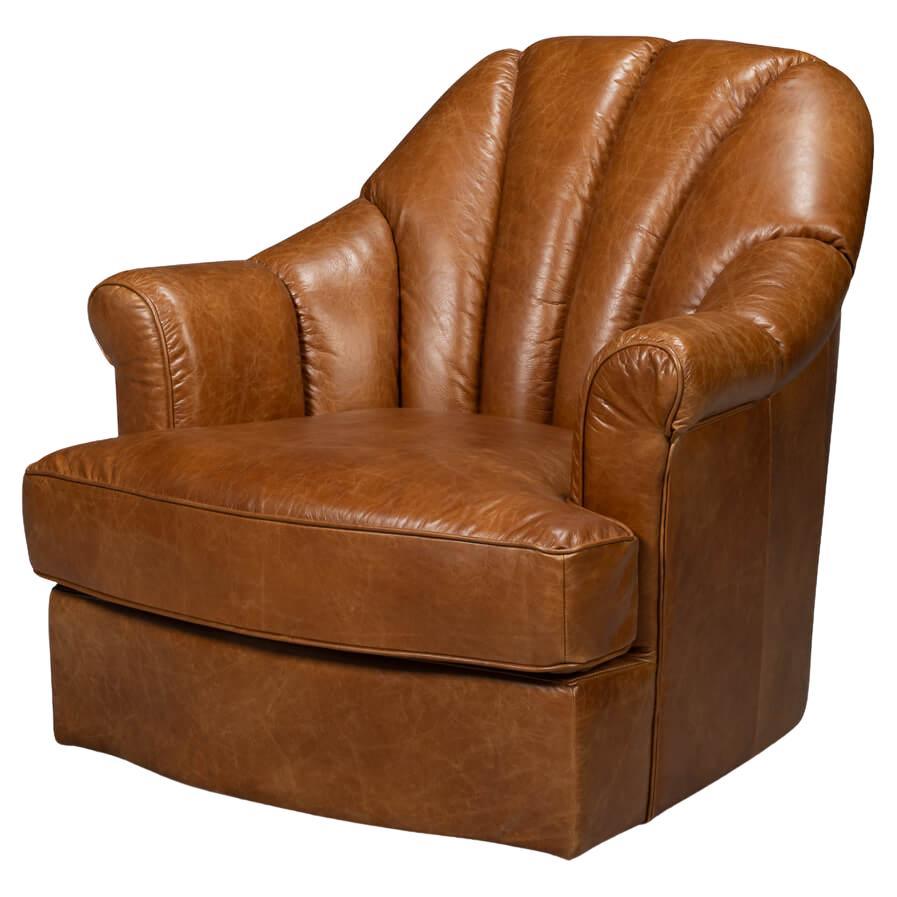 Medium Brown Leather Swivel Chair For Sale