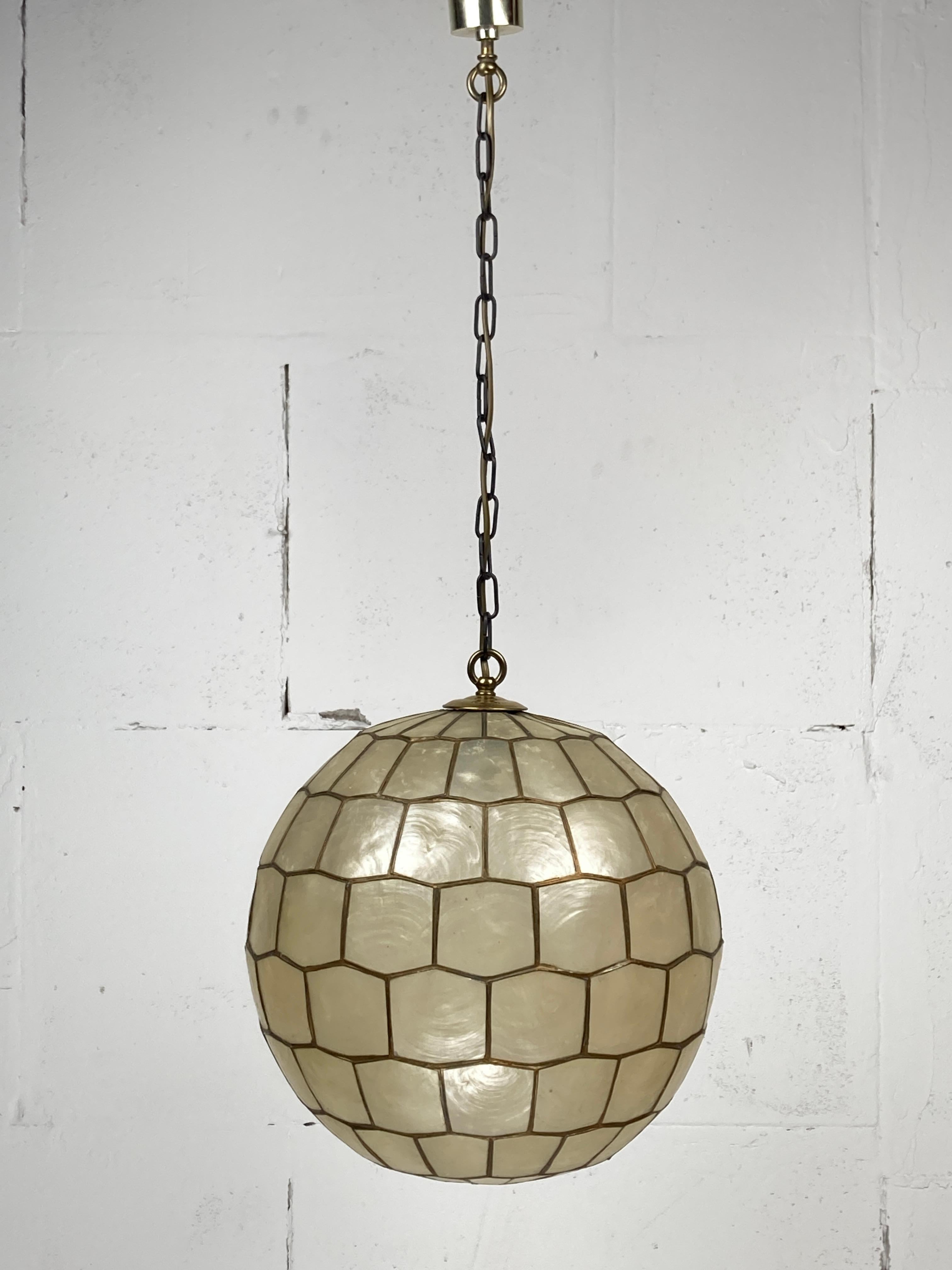 Brass Medium Capiz Shell Lamp attributed to Feldman Lighting, 1960s