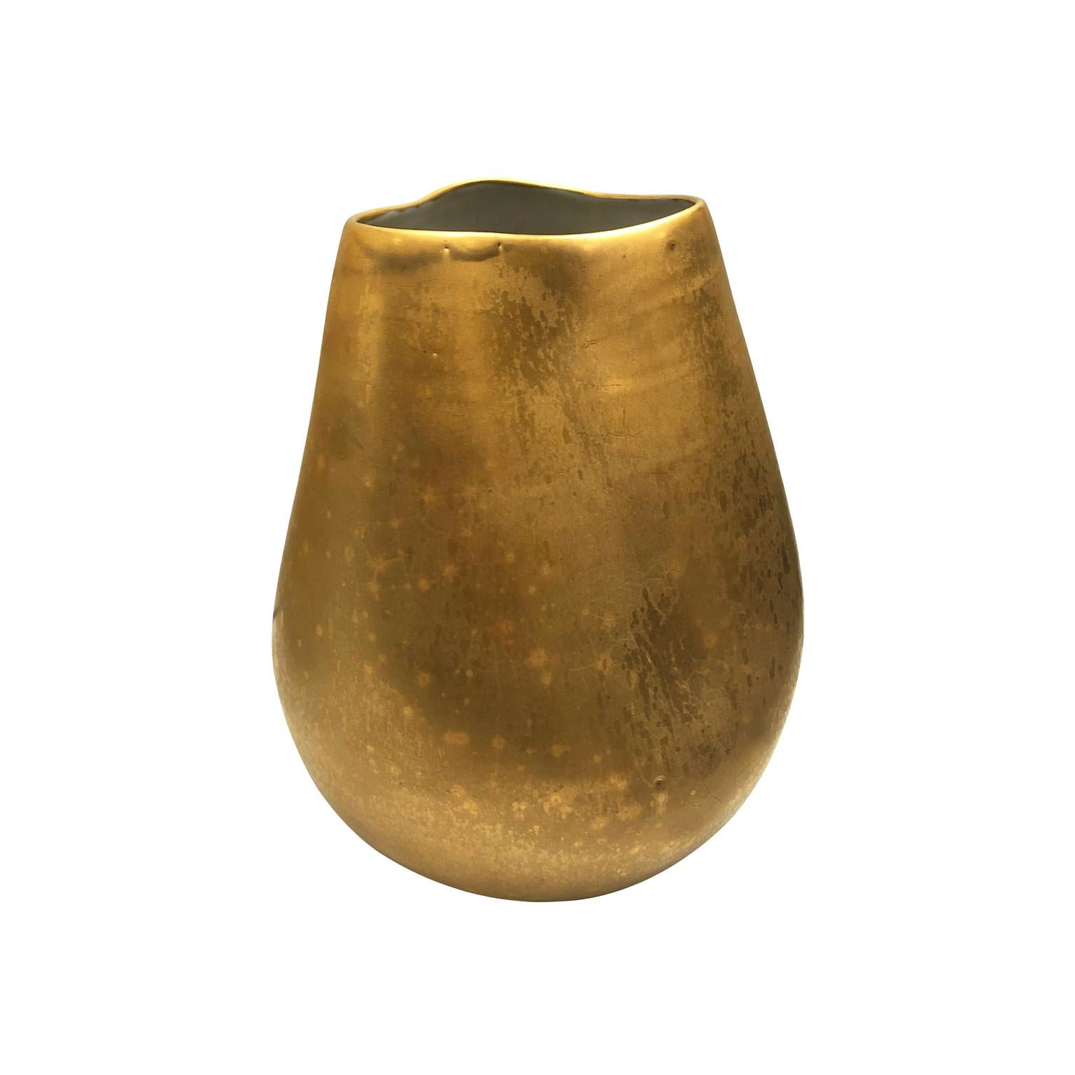 Medium Ceramic Vase with Dent and Burnished Gold Lustre Glaze by Sandi Fellman For Sale