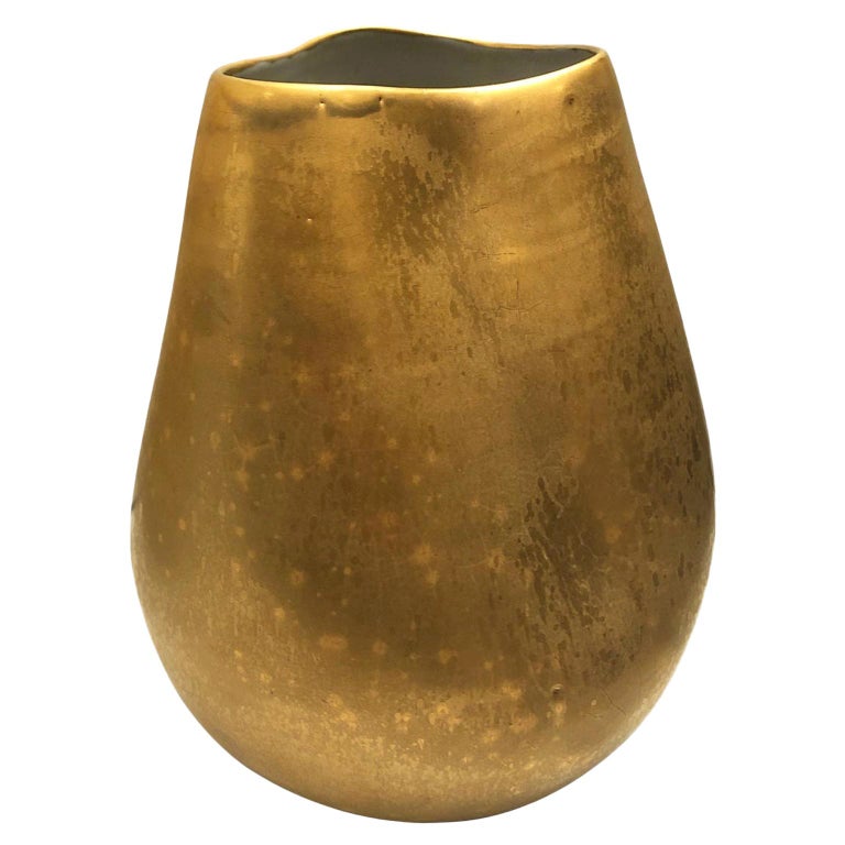 Medium Ceramic Vase with Dent and Burnished Gold Lustre Glaze by Sandi