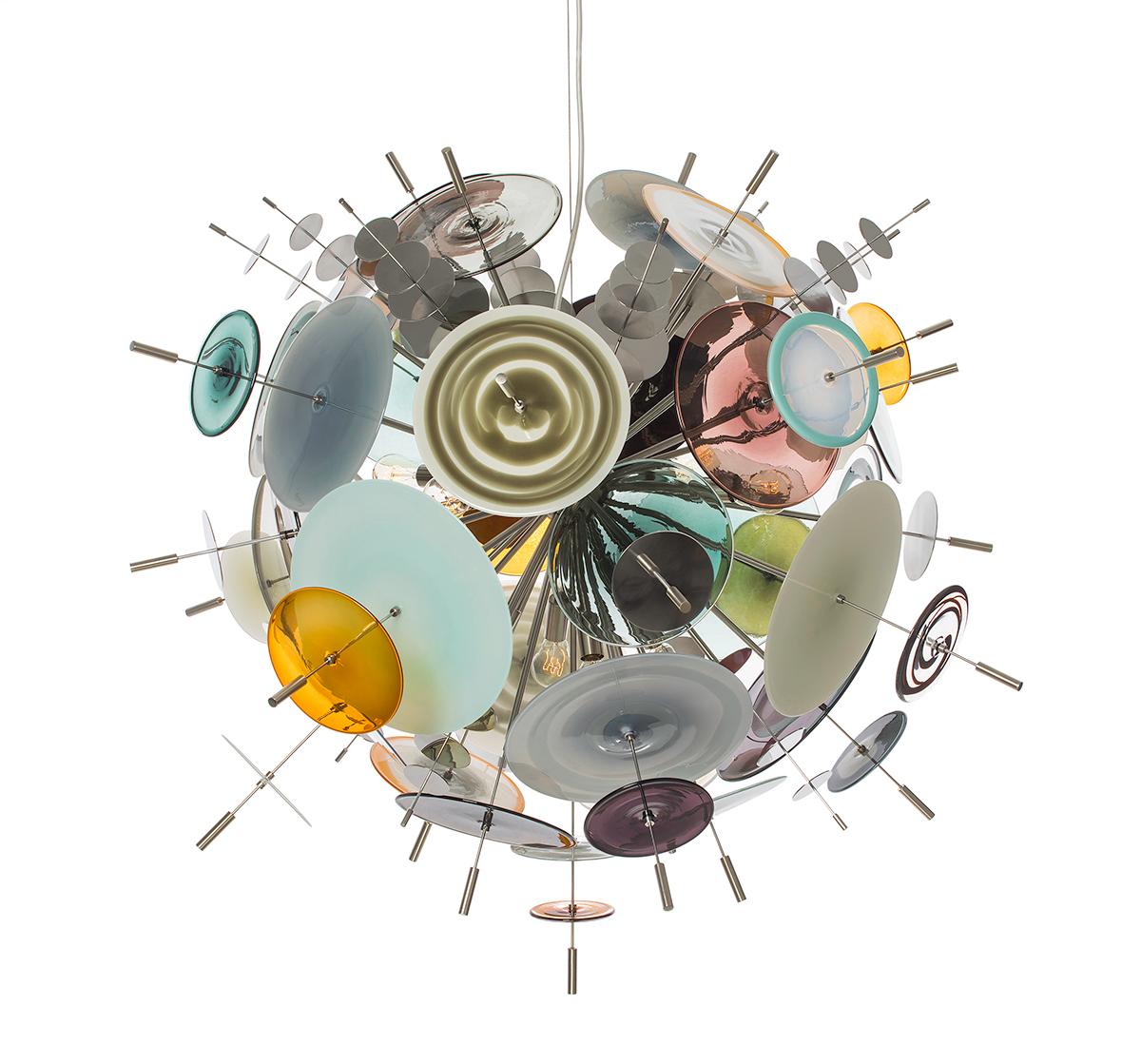 Contemporary Medium Confetti Chandelier: Topaz, Charcoal, Opaline Glass by Avram Rusu Studio For Sale