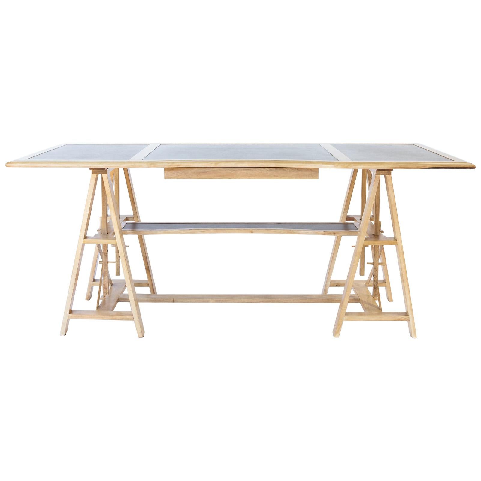 Medium Dark Walnut Architect Adjustable Desk with Black or Brown Leather Insets For Sale 1
