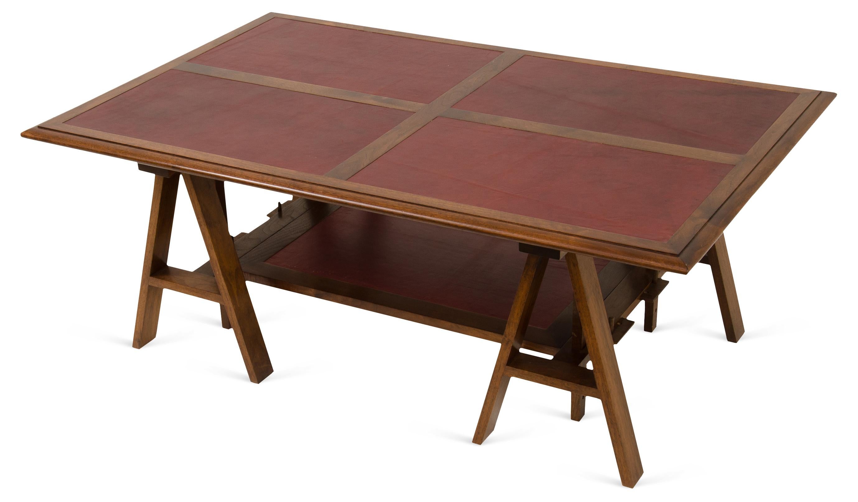 Campaign  Architect adjustable  Coffee Table  in walnut with Black Leather Insets For Sale