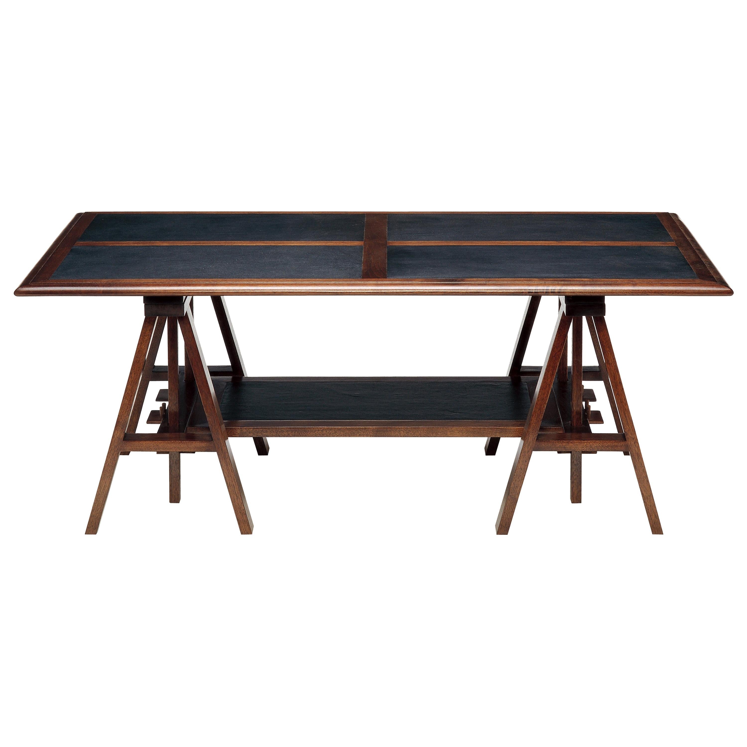 Architecte réglable  Table basse  en noyer avec incrustations en cuir noir en vente