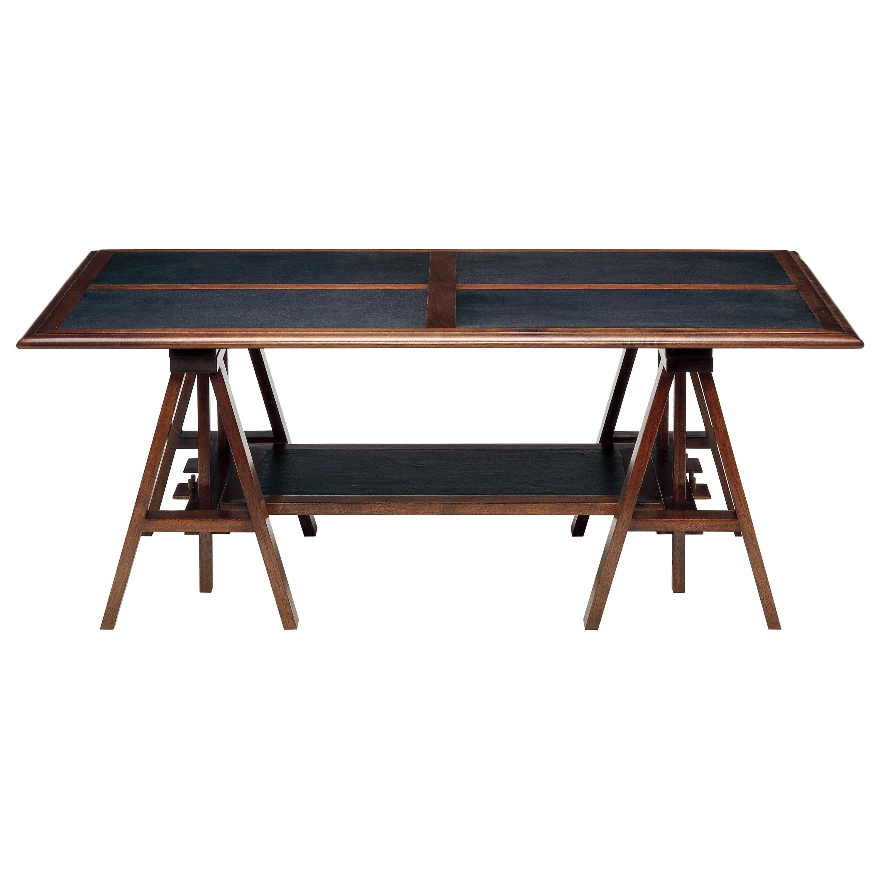  Architect adjustable  Coffee Table  in walnut with Black Leather Insets For Sale