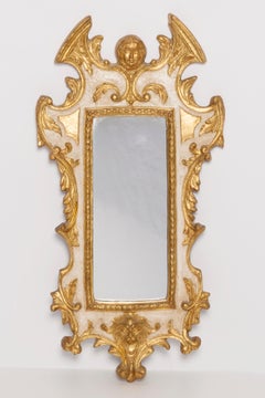 Medium Decorative Gold Wood Original Glass Mirror, Angel and Flowers Italy 1960s