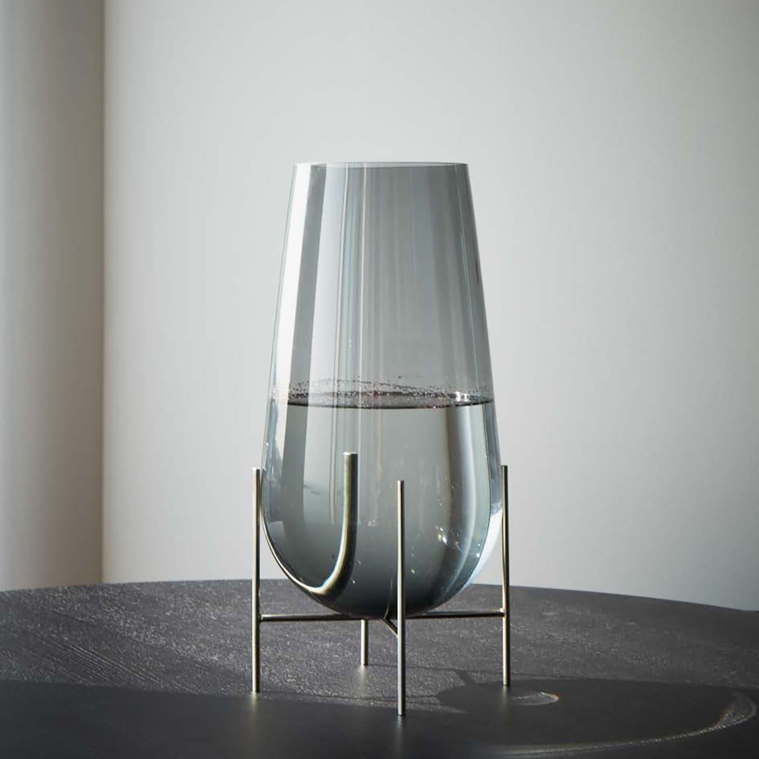 Contemporary Medium Echasse Vase by Theresa Arns, with Brass Legs and Smoked Glass For Sale