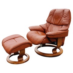 Medium Ekornes Stressless Reno Brown Leather Recliner or Lounge & Ottoman