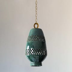 Medium Emerald Ceramic Pendant Light, Brushed Brass, Ajedrez Atzompa Collection