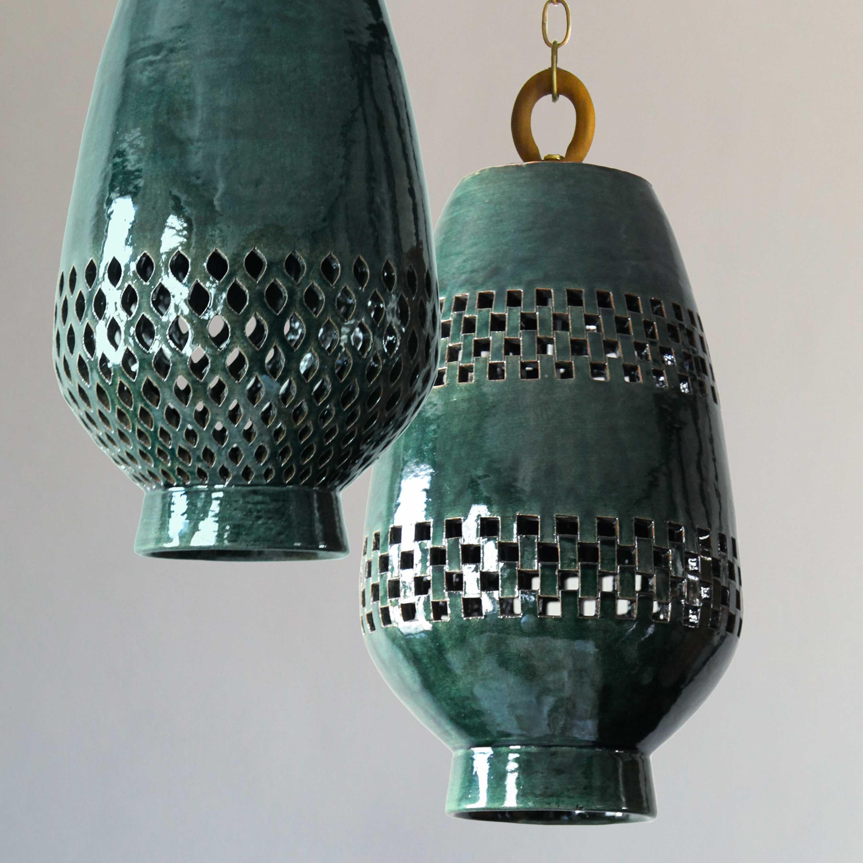 Mexican Medium Emerald Ceramic Pendant Light, Natural Brass, Ajedrez Atzompa Collection For Sale