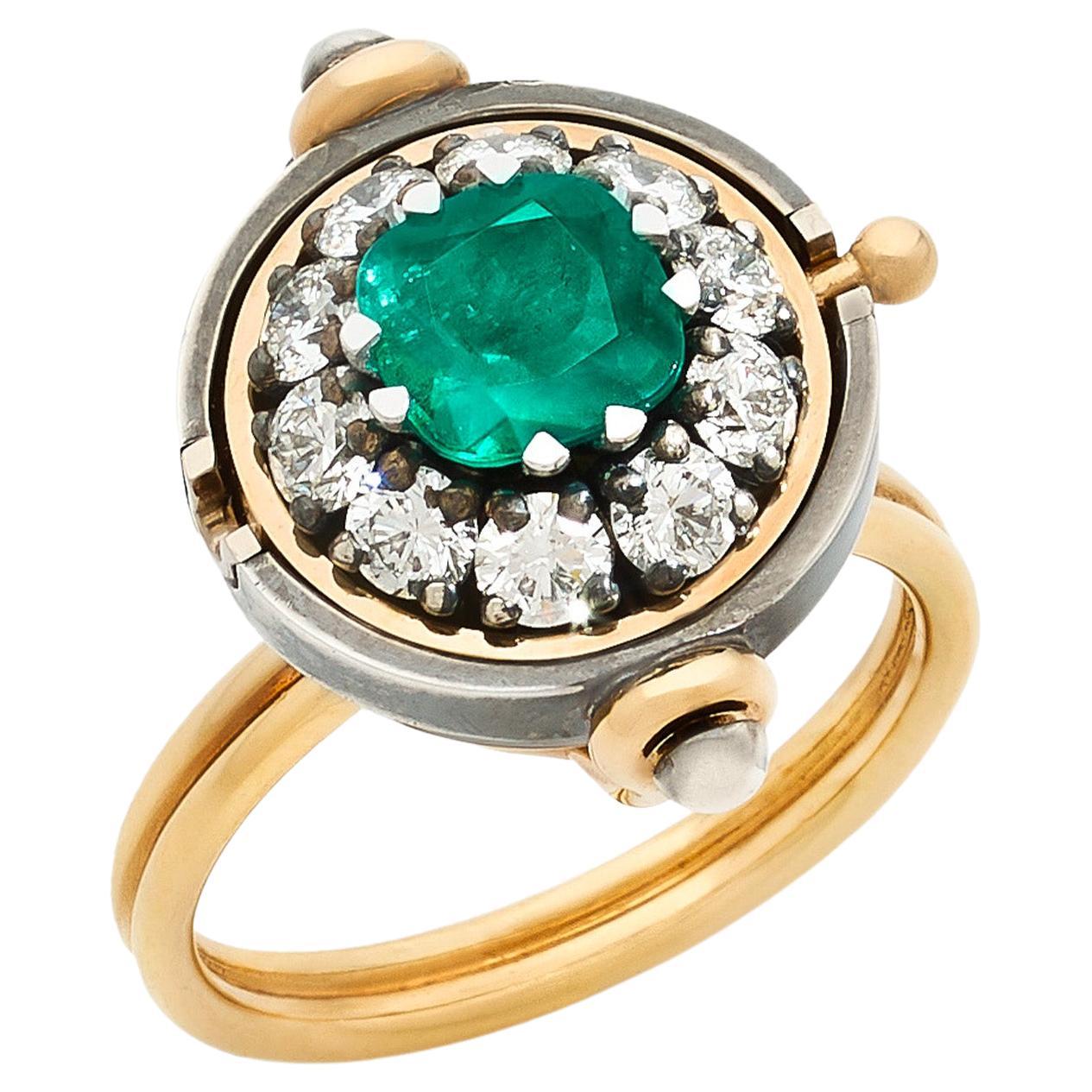 Medium Emerald & Diamonds Sphere Ring in 18k Yellow Gold by Elie Top For Sale