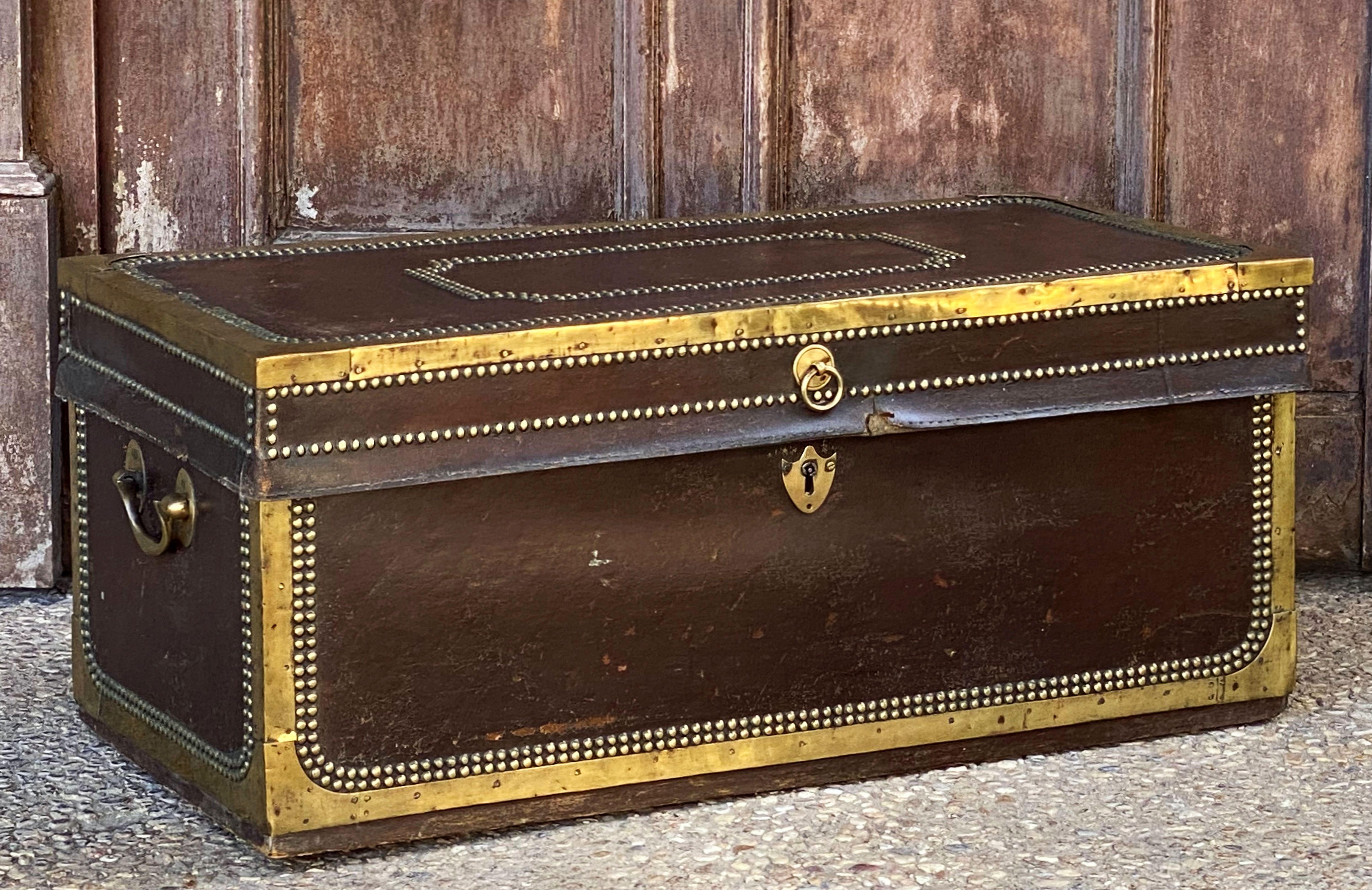 19th Century English Campaign Trunk of Brass-Bound Leather and Camphor Wood, circa 1820 For Sale