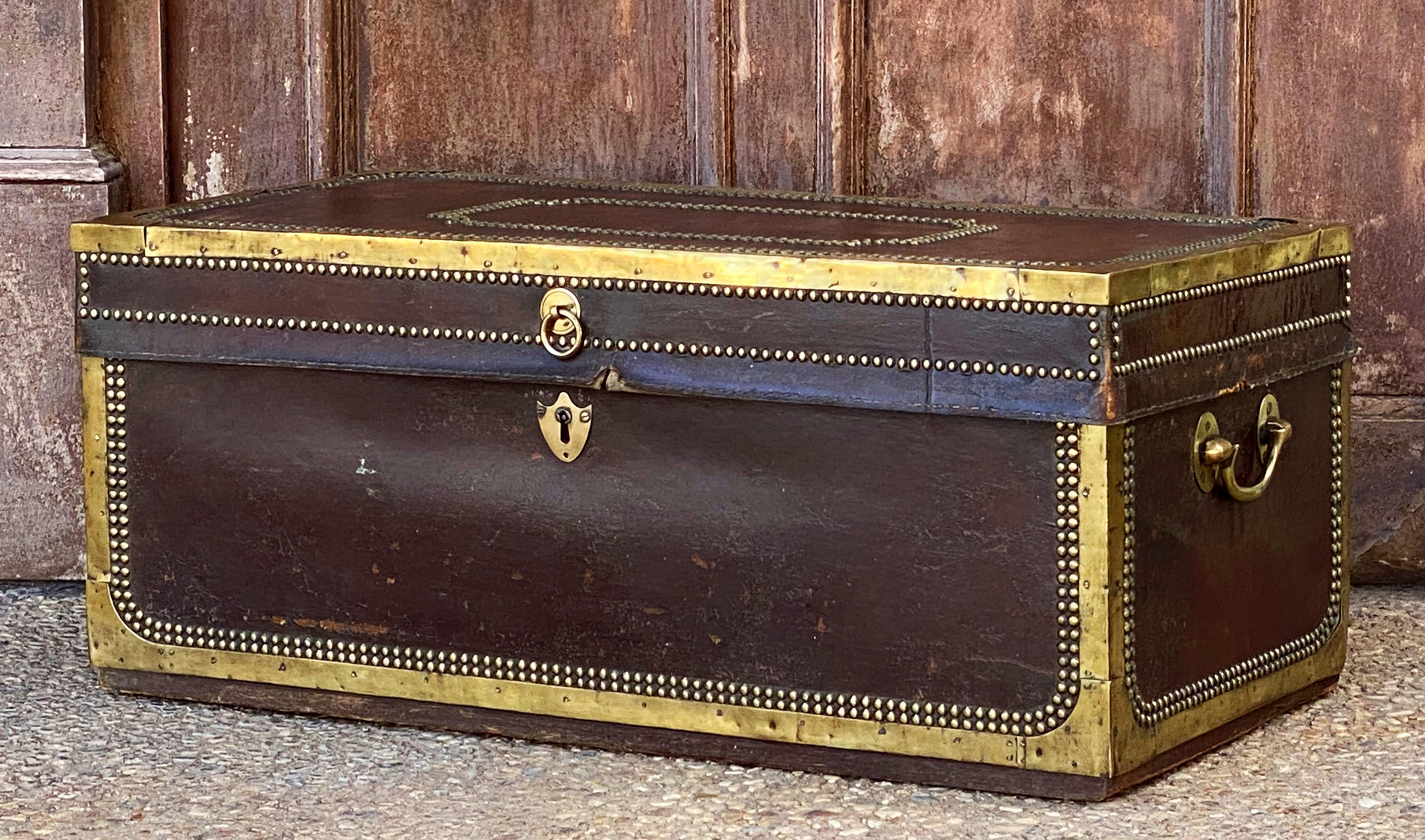 Metal English Campaign Trunk of Brass-Bound Leather and Camphor Wood, circa 1820 For Sale