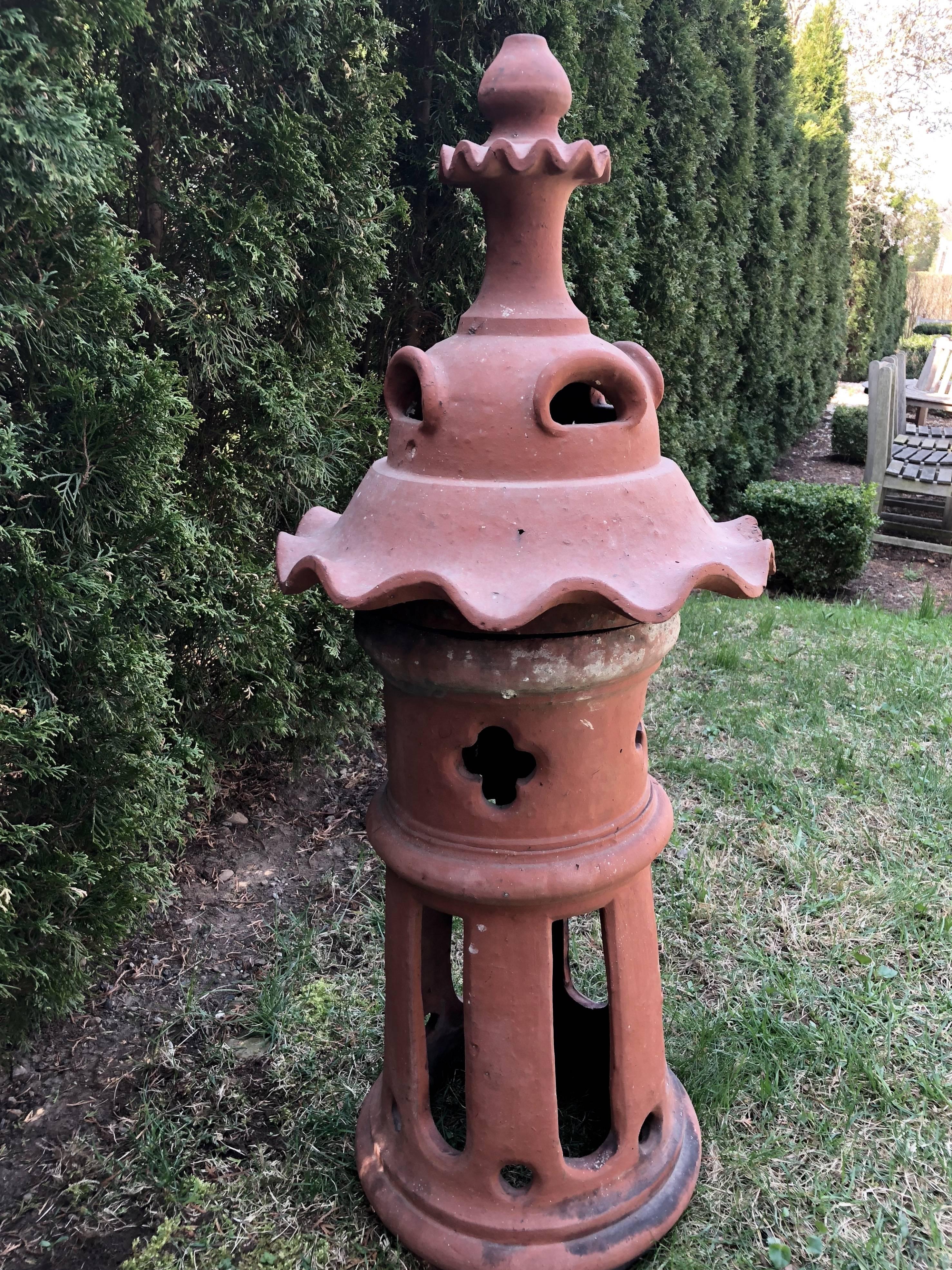 Originally used as chimney caps on French houses, we love to use these as decorative lanterns in the garden with a fat pillar candle on top of a table or on a garden path. This one is comes in two pieces and is in excellent condition. As you can see