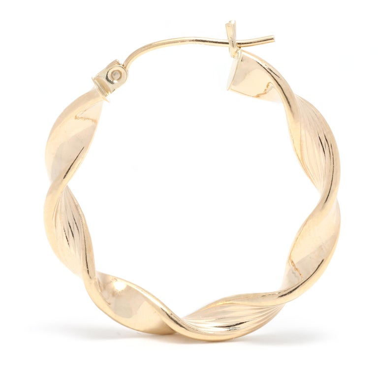 Medium Gold Twist Hoop Earrings, 14K Yellow Gold, Simple Twist For Sale