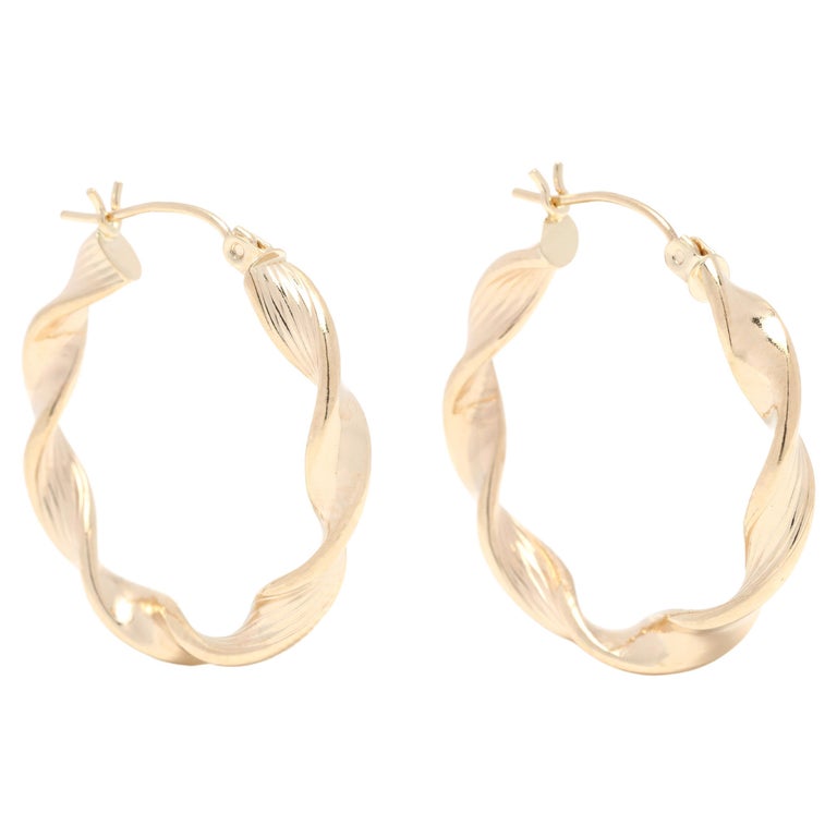 Medium Gold Twist Hoop Earrings, 14K Yellow Gold, Simple Twist For Sale