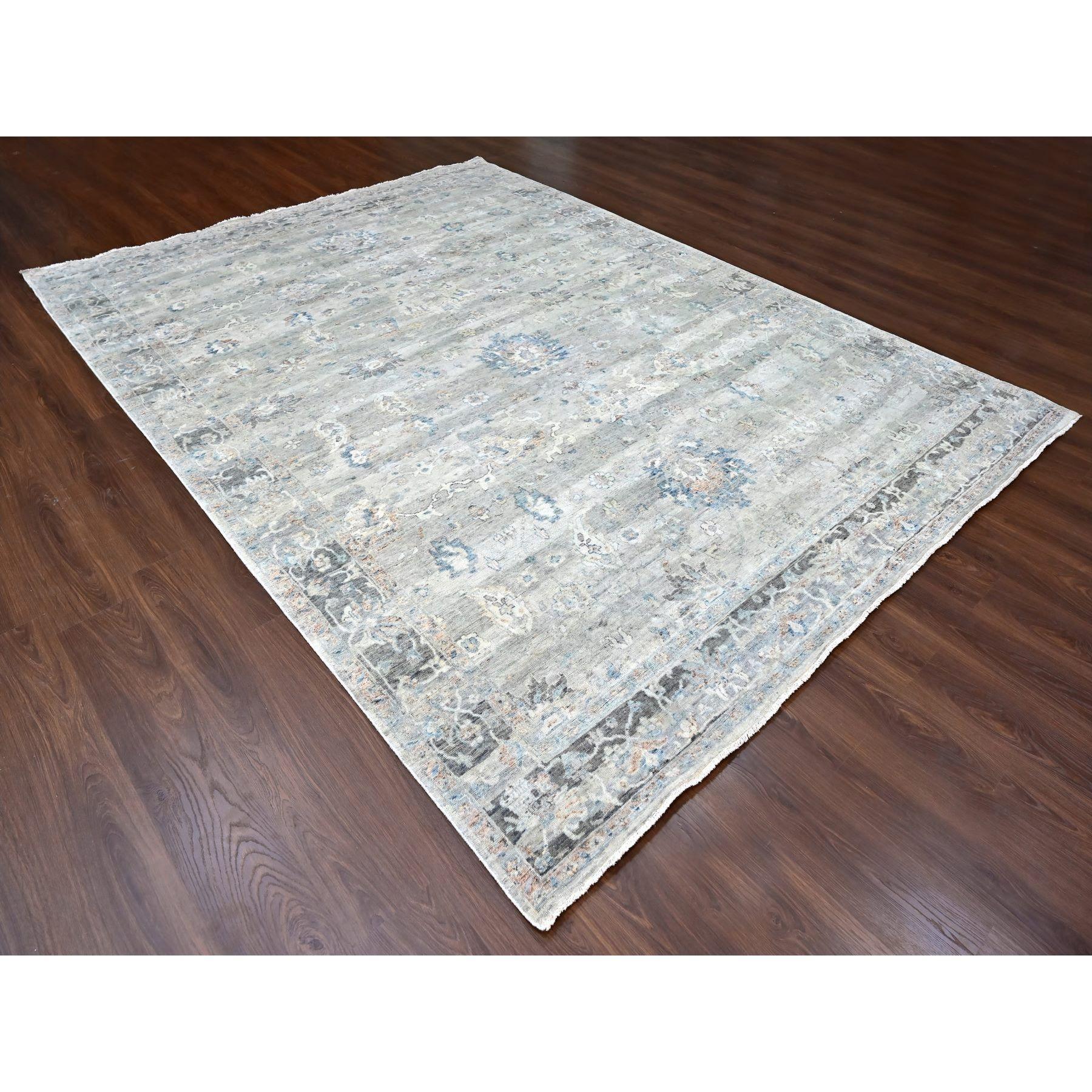 Indian Medium Gray Antiqued Tabriz Design Distressed Hand Knotted Wool Rug 9'0