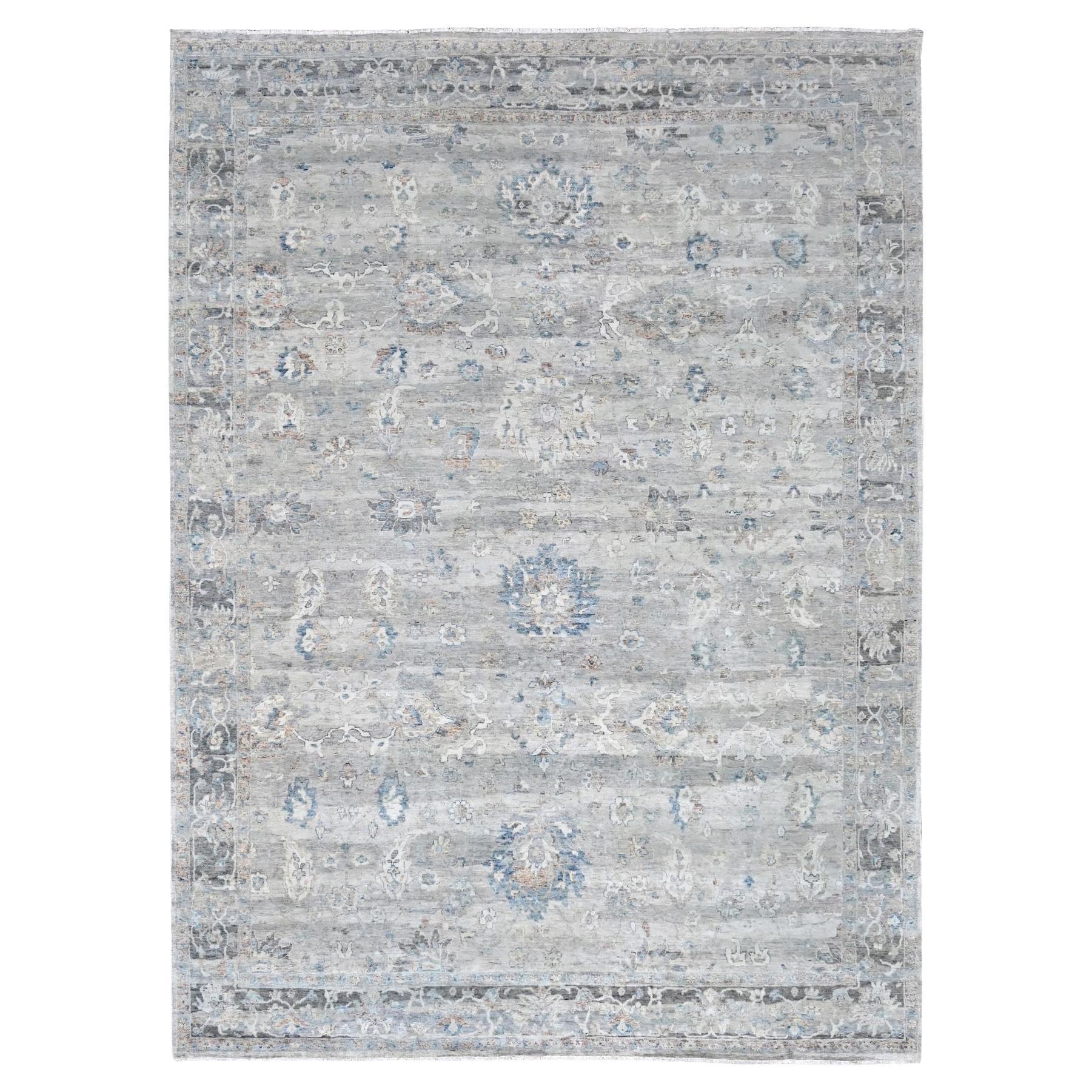 Medium Gray Antiqued Tabriz Design Distressed Hand Knotted Wool Rug 9'0" x 11'8"