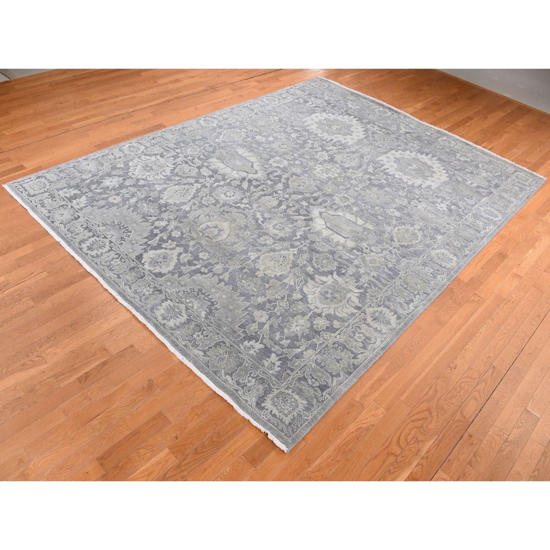 Indian Medium Gray Hand Knotted Oushak Influence Silk with Wool Rug 9'0
