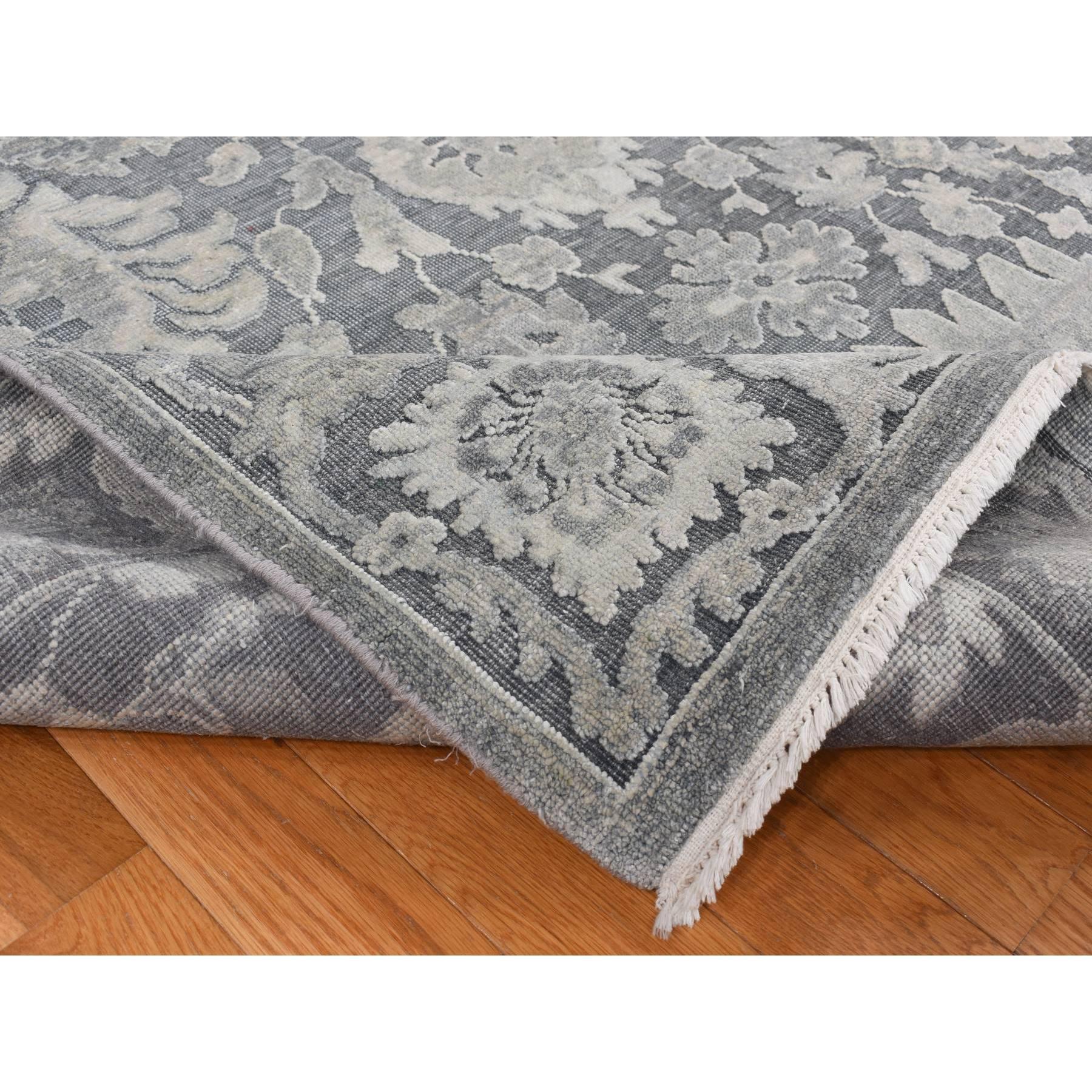 Medium Gray Hand Knotted Oushak Influence Silk with Wool Rug 9'0