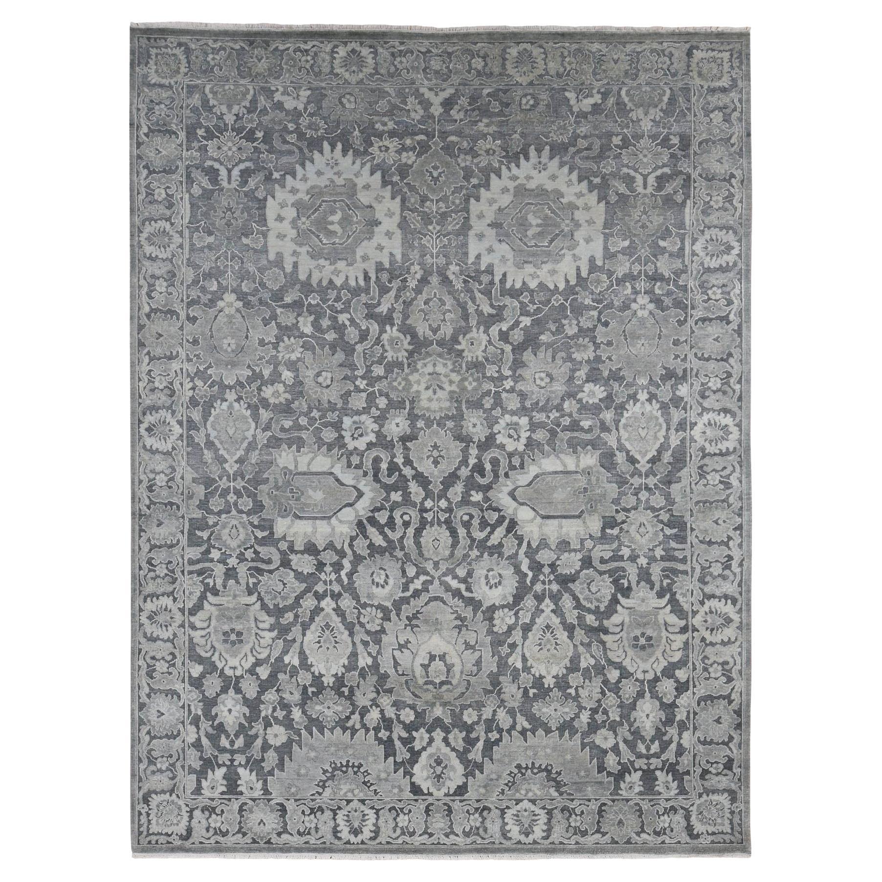 Medium Gray Hand Knotted Oushak Influence Silk with Wool Rug 9'0" x 11'10" For Sale