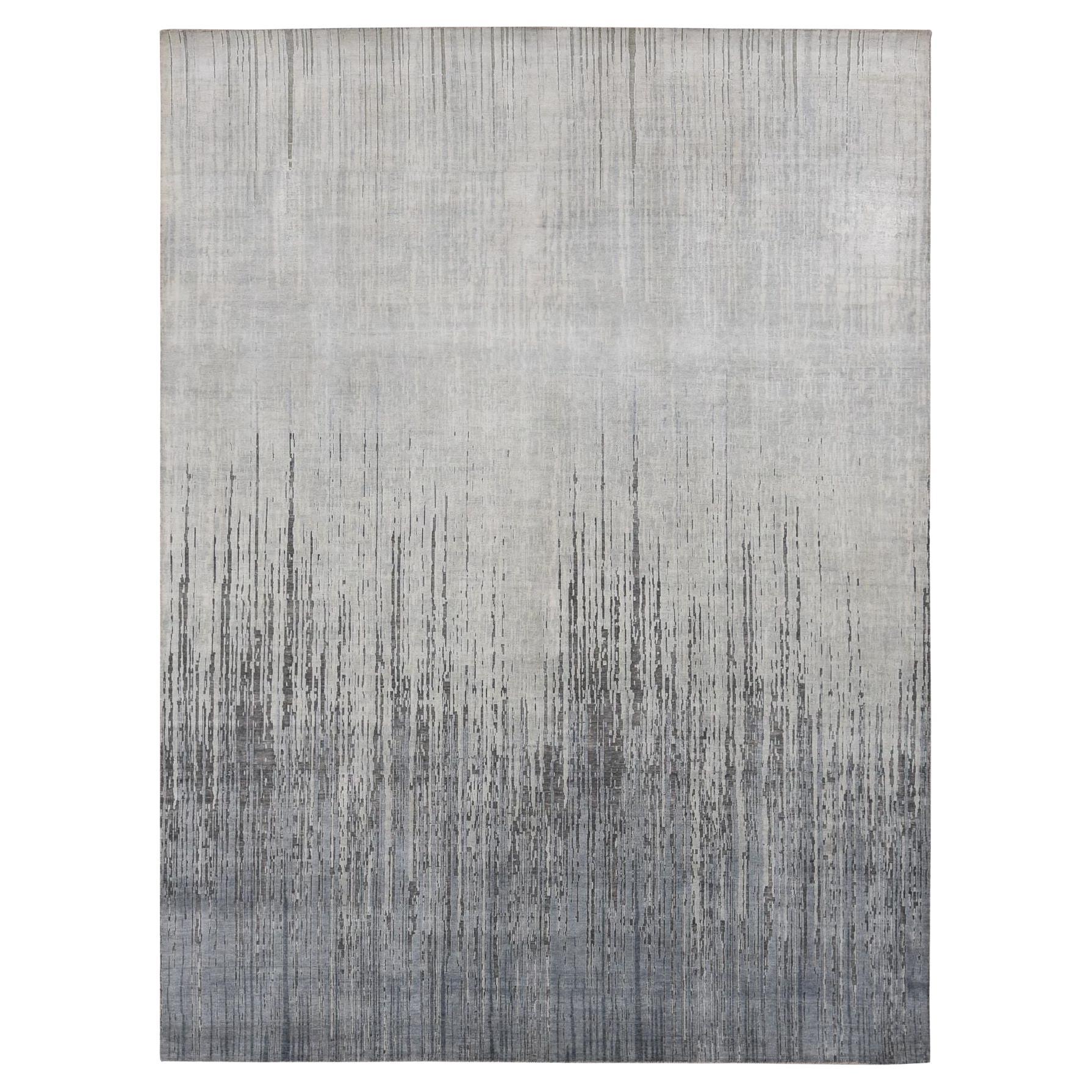 Medium Gray Vertical Ombre Design Pure Silk Hand Knotted Rug 9'0" x 11'10"