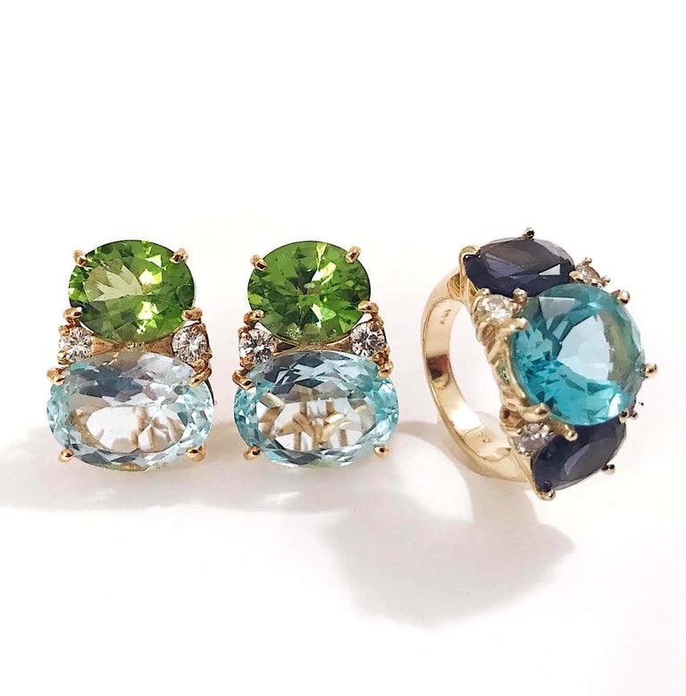 Medium Gum Drop Earrings with Blue Topaz, Peridot and Diamonds For Sale 3