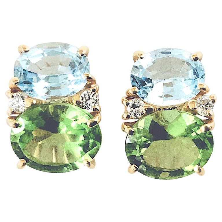 Medium Gum Drop Earrings with Blue Topaz, Peridot and Diamonds For Sale
