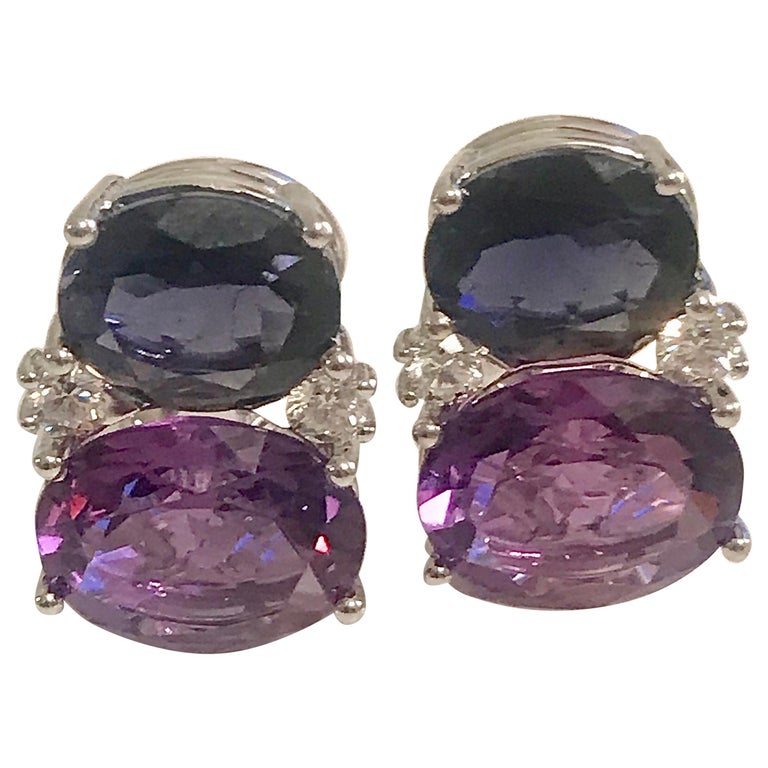 Medium Gum Drop Earrings with Iolite and Amethyst and Diamonds For Sale