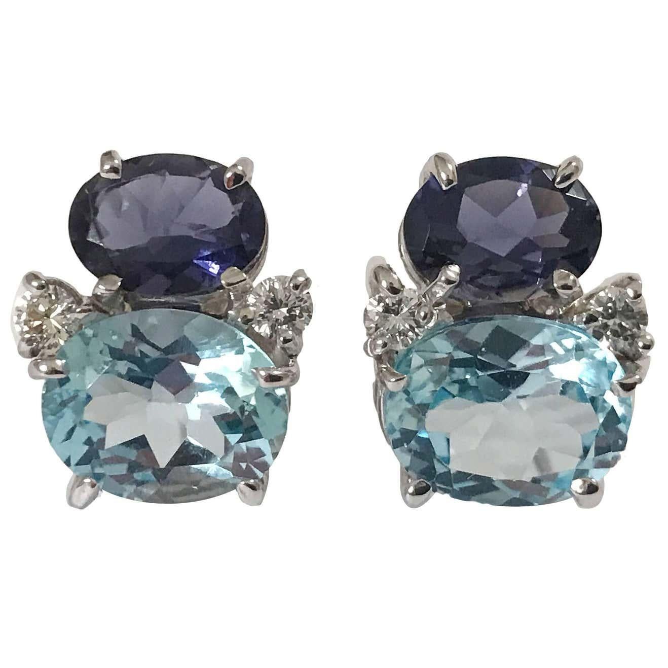 Medium Gum Drop Earrings with Iolite and Blue Topaz and Diamonds For Sale 5