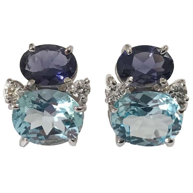 Contemporary Medium Gum Drop Earrings with Iolite and Blue Topaz and Diamonds For Sale