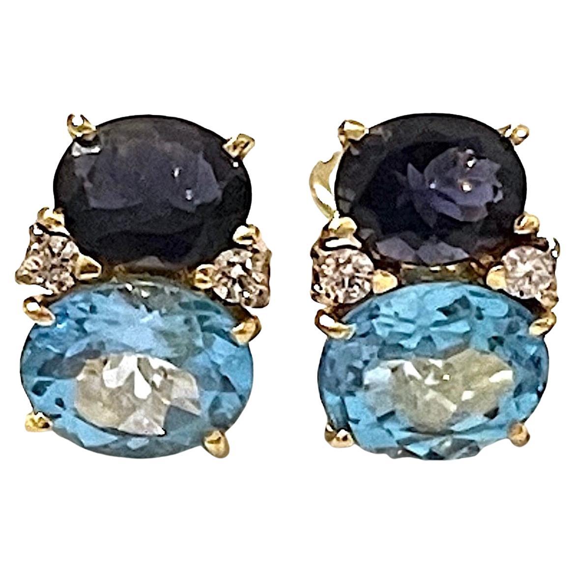 Gummi-Tropfen-Ohrringe mit Iolith und blauem Topas und Diamanten