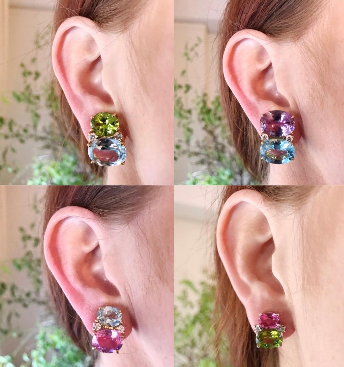 Contemporary Medium Gum Drop Earrings with Pearls and Peridot and Four Diamonds For Sale