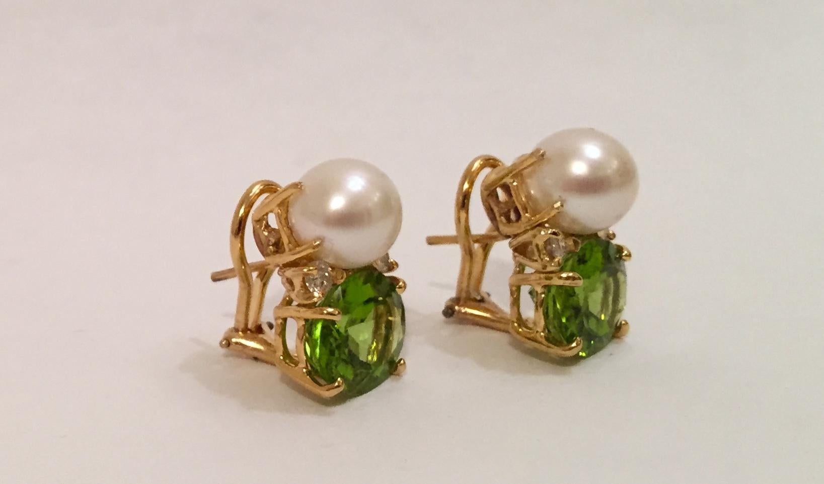 Oval Cut Medium Gum Drop Earrings with Pearls and Peridot and Four Diamonds For Sale