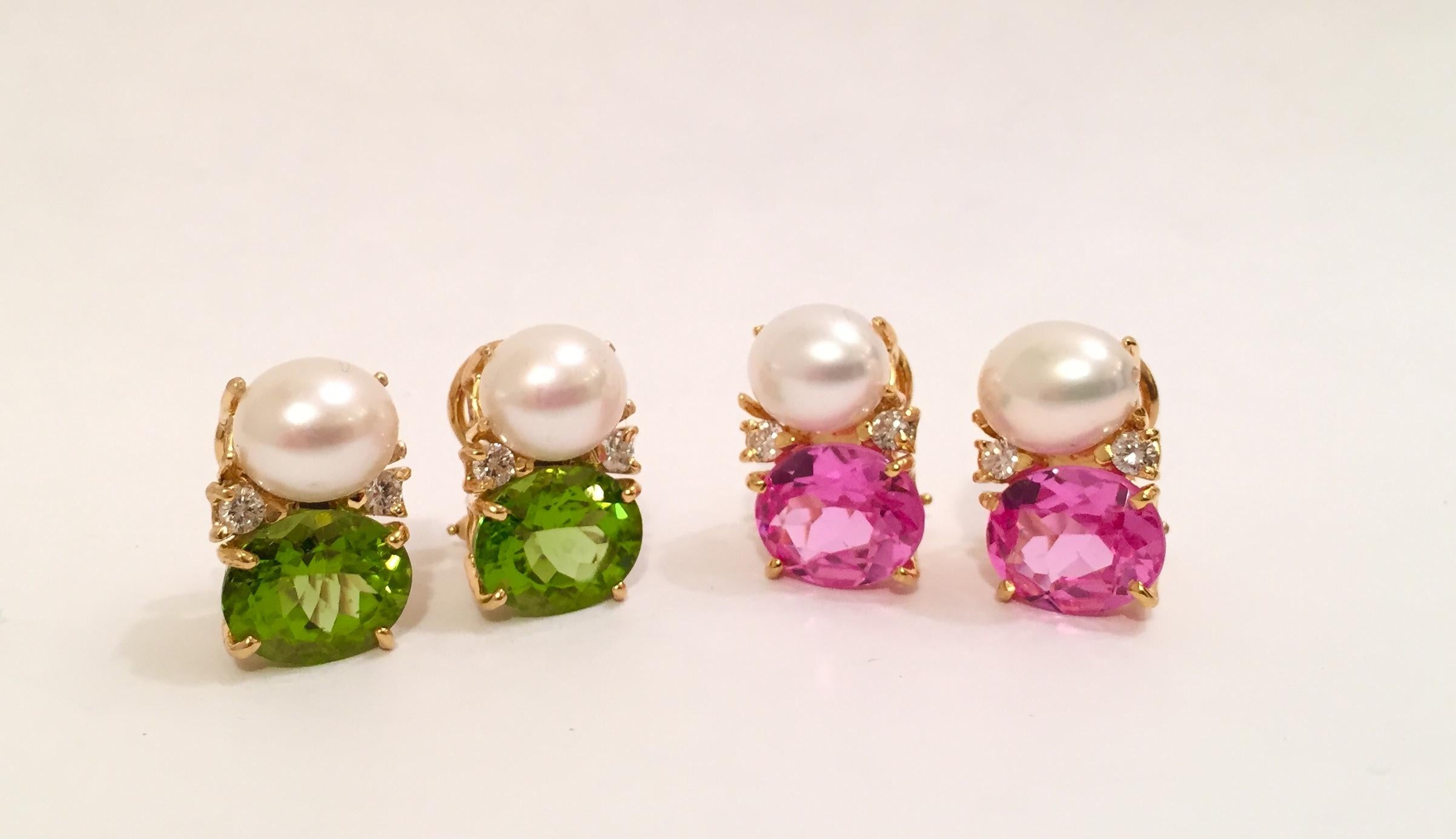 Women's Medium Gum Drop Earrings with Pearls and Peridot and Four Diamonds For Sale