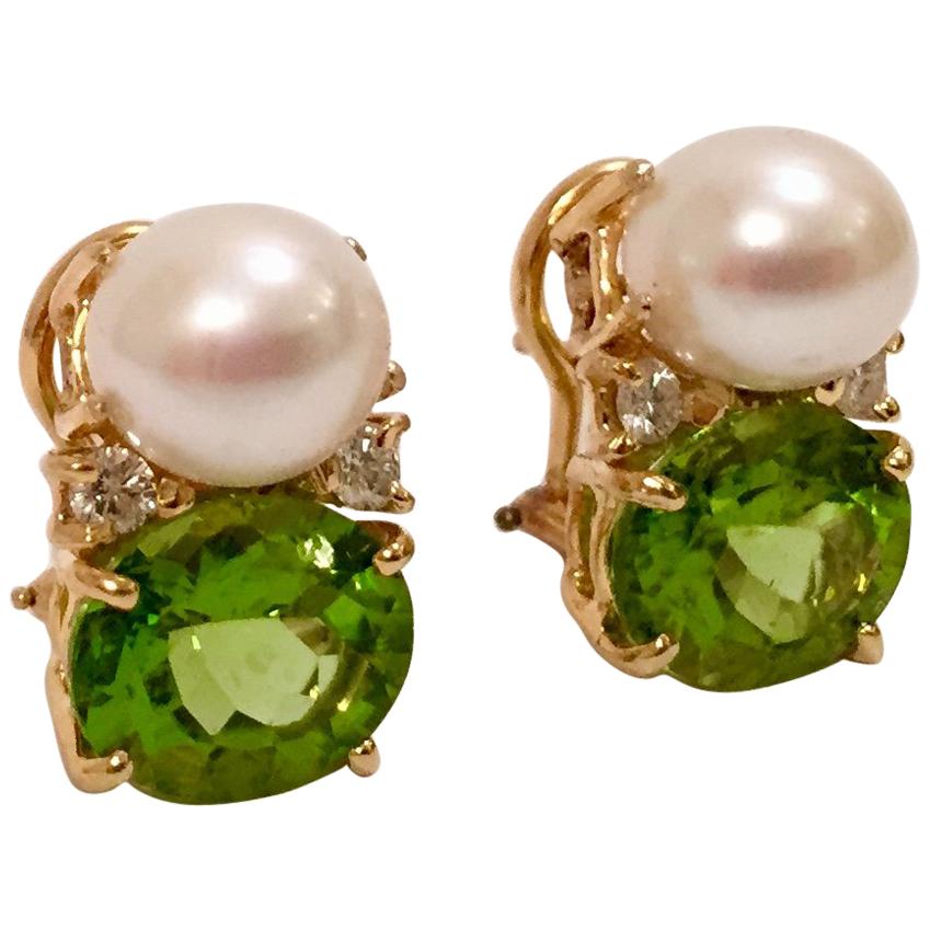 Medium Gum Drop Earrings with Pearls and Peridot and Four Diamonds For Sale