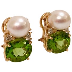 Medium Gum Drop Earrings with Pearls and Peridot and Four Diamonds